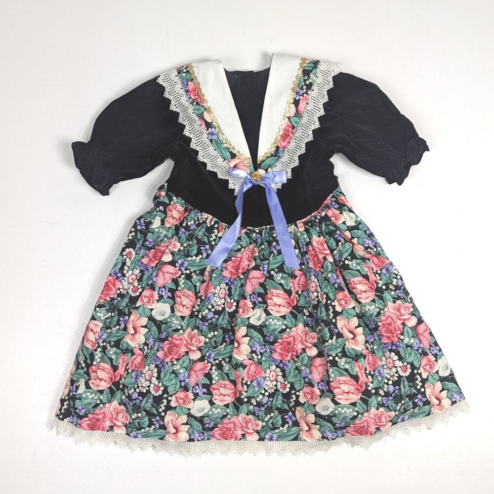 Vtg Dress Girls Sz 6 Black Velvet Floral 90s Bib Collar Lace Fancy Party